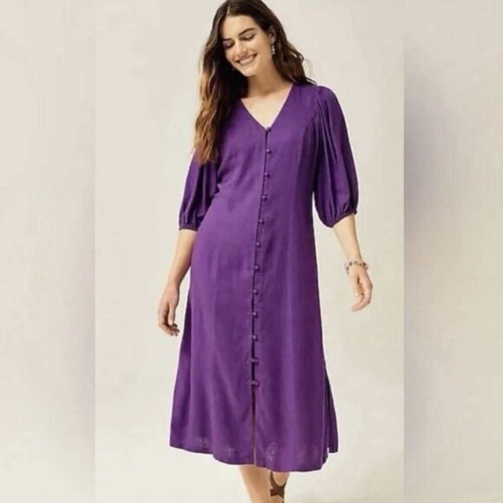 J. Jill Midi Dress Sz M Seamed Button Front Linen Blend 3/4 Sleeve - Picture 2 of 10